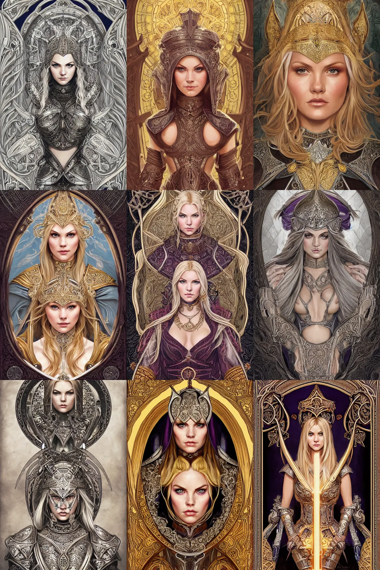 Image similar to head-on symmetrical centered painted portrait, Elisha Cuthbert as a paladin, blonde hair, ornate heavy plate armour, art nouveau, tarot card style, medieval robes, fantasy, intricate, elegant, highly detailed, smooth, sharp focus, illustration, artstation, in the style of Artgerm and Anna Podedworna and Alex Ross and Mucha