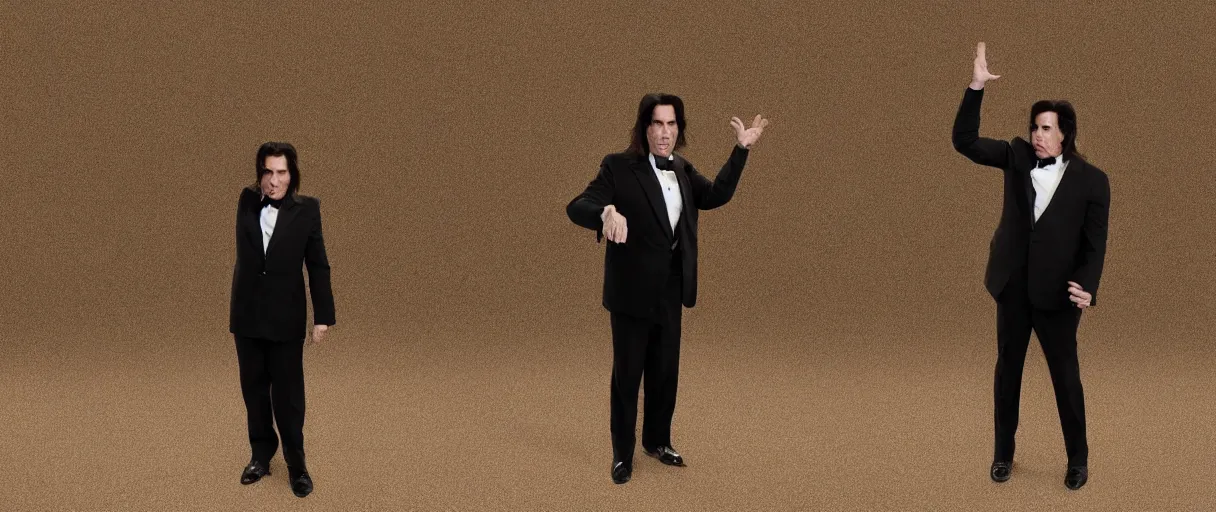 Image similar to accidentally wes anderson award - john travolta as vincent vega suprised gesture nobody there ghost town tumbleweed bushes on ground shrugging hand at waist level. standing in black suit golden ratio, fibonacci composition, 4 k, detailed, art by greg rutkowsky, trending on artstation, cinematic lighting, filmic grain, golden hour, detailed, 4 k