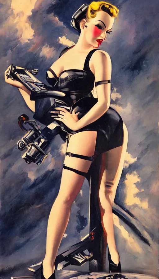 Prompt: full body cyberpunk beautiful woman in the style of a 1 9 4 0 s oil painted pin - up painted on a boeing b 2 9