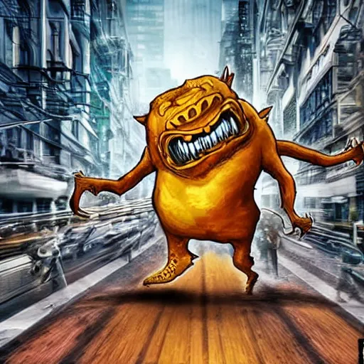 Image similar to bitcoin monster chasing people scared in city, cinematic composition, designed by cointelegraph, hyper - detailed