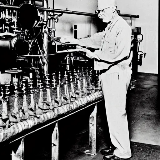 Prompt: vintage monochrome photograph of Walter White working in a munitions factory, highly intricate, highly detailed, 8k,