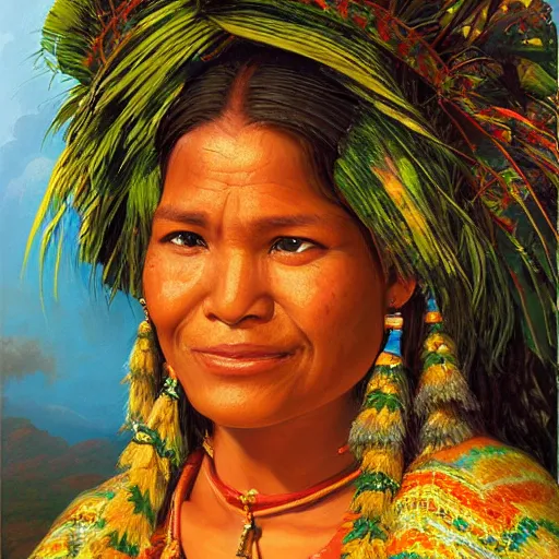 Prompt: portrait of an tupinamba people woman ( 3 5 ) from amazonas, brazil, an oil painting by ross tran and thomas kincade