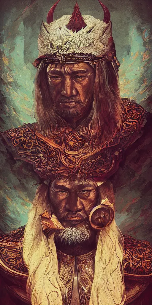 Image similar to highly detailed portrait of genghis khan by roger dean and alena aenami, intense eyes