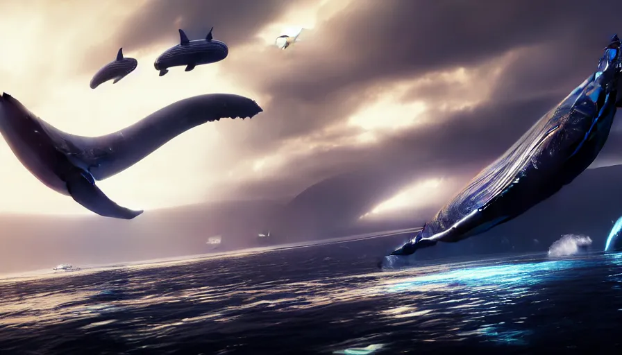 Image similar to concept art of whales flying in the air in a style of death stranding, concept art hideo kojima, light, shadows, rippling reflections, steam, epic composition, intricate, elegant, volumetric lighting, digital painting, highly detailed, artstation, sharp focus, illustration, concept art, ruan jia, steve mccurry