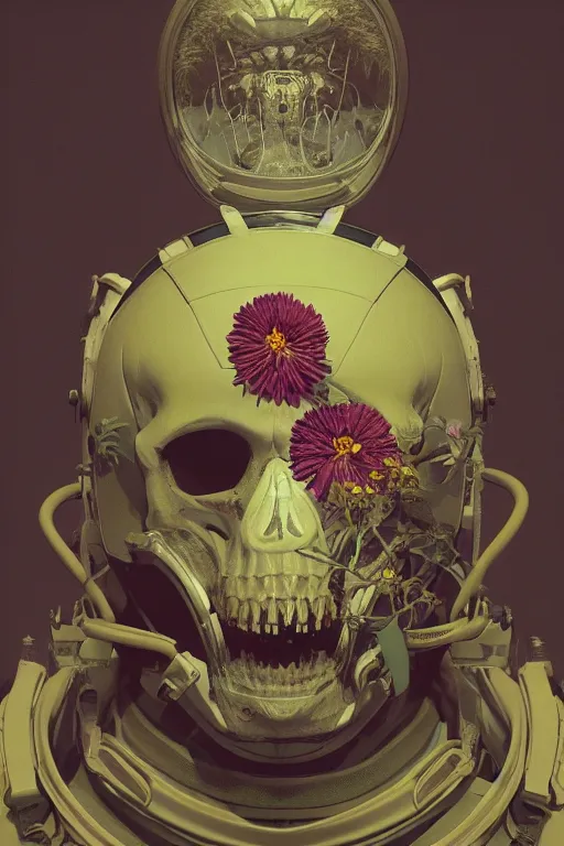 Prompt: subsurface scattering, biomechanical skull astronaut with flowers coming out of the helmet, rhizomorphs, cosmos, octane render, dramatic lighting, maxfield parrish, james jean, gustave dore, giger, beeple, 8 k, very coherent, trending on artstation