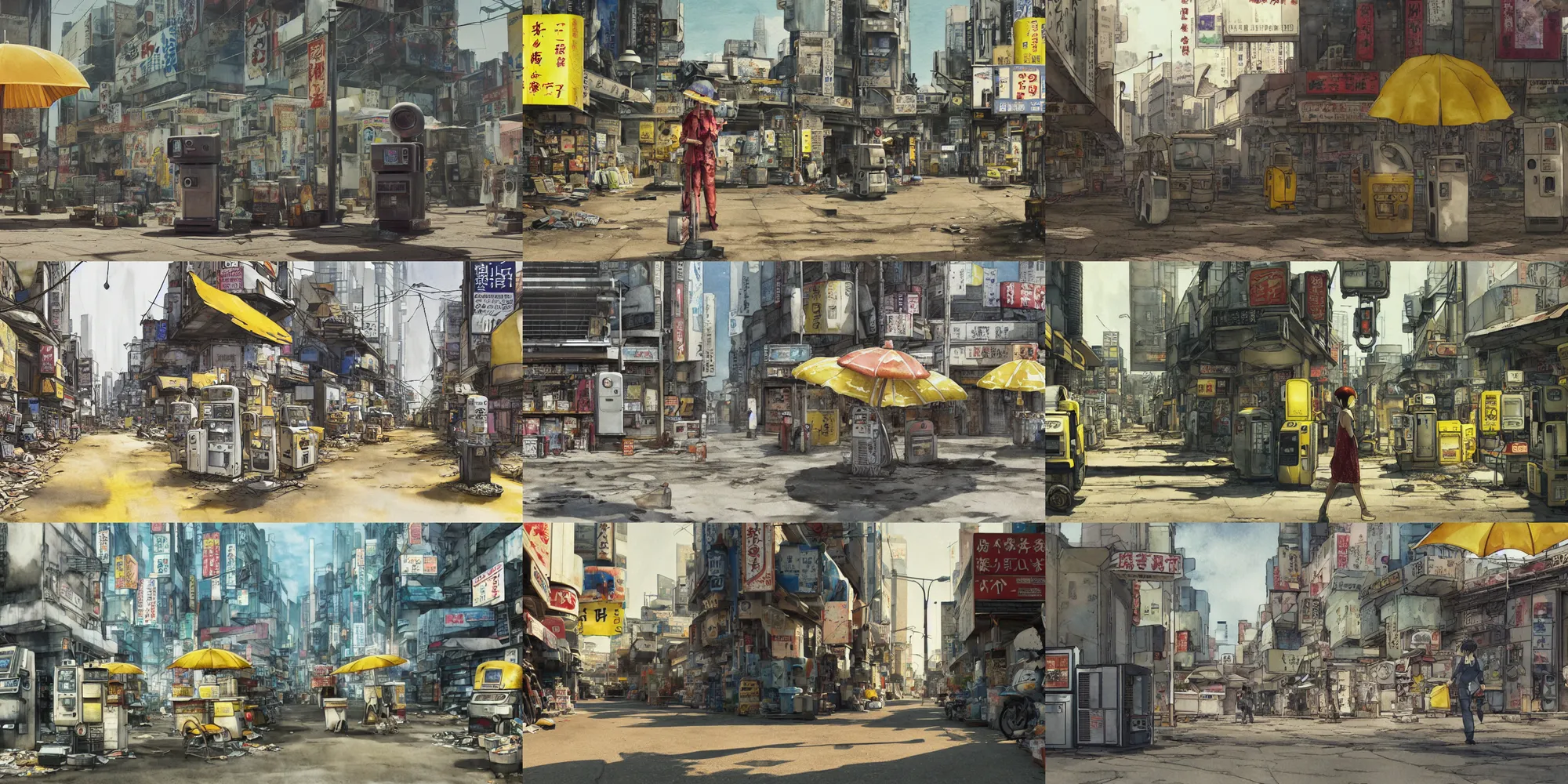 Prompt: incredible wide screenshot, simple watercolor, paper texture, water color paper, ghost in the shell movie scene, distant shot of walking vending machine under a yellow striped parasol in deserted dusty shinjuku junk town, old pawn shop, bright sun bleached ground , vending machine robot monster lurks in the background, animatronic, air conditioners, ducts, vents, pipes, black smoke, pale beige sky, junk tv, texture, strange, impossible, fur, spines, mouth, pipe brain, shell, brown mud, dust, bored expression, overhead wires, telephone pole, dusty, dry, pencil marks, genius party,shinjuku, koji morimoto, katsuya terada, masamune shirow, tatsuyuki tanaka hd, 4k, remaster, dynamic camera angle, deep 3 point perspective, fish eye, dynamic scene