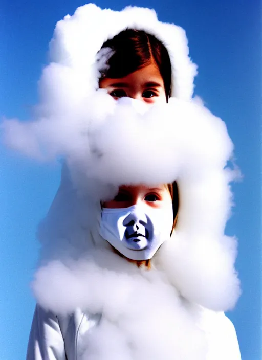 Prompt: realistic photo portrait of the common girl wearing white shorts, dressed in white long fur coat, face is covered with a blank mask, there is a cloud in the middle 1 9 9 0, life magazine reportage photo