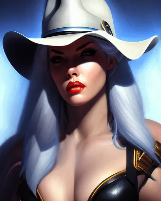 Image similar to ashe from overwatch, white hair, black cowboy hat, character portrait, portrait, close up, highly detailed, intricate detail, amazing detail, sharp focus, vintage fantasy art, vintage sci - fi art, radiant light, caustics, by boris vallejo