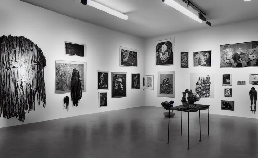 Prompt: an exhibition space with ethnographic objects on display, 6 0 s, offset lithography, realistic, black and white, 8 k