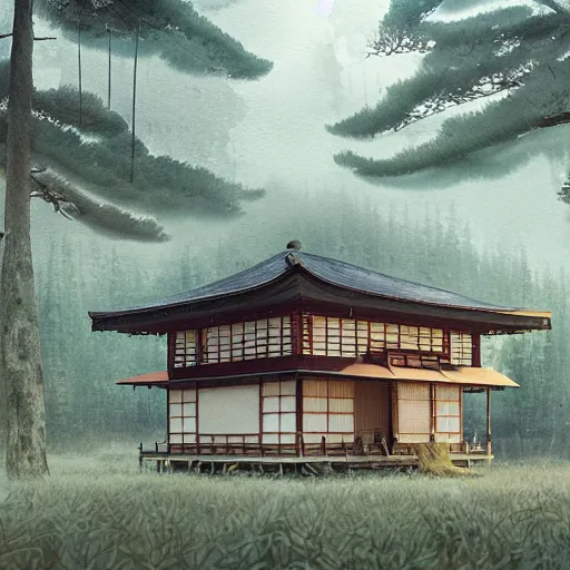 Image similar to a detailed watercolor and matte painting of a japanese tea house surrounded by trees, by Mike Winkelmann, cgsociety, fantasy art