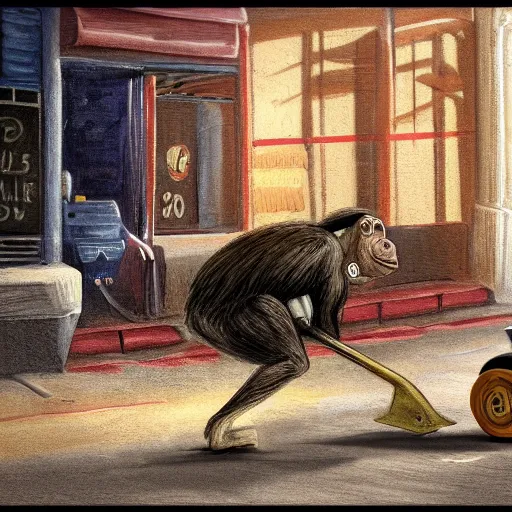 Prompt: an image of a steamroller that's about to run over a chimpanzee that's picking up pennies in a city street, dramatic lighting, highly detailed digital painting