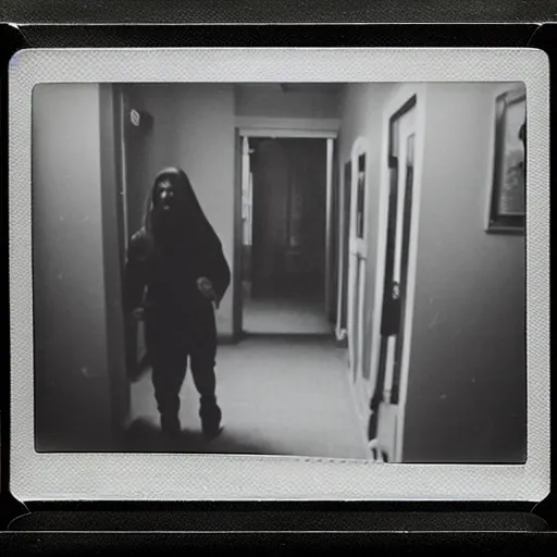 Prompt: A creepy polaroid photo of Jesus chasing you down a hallway