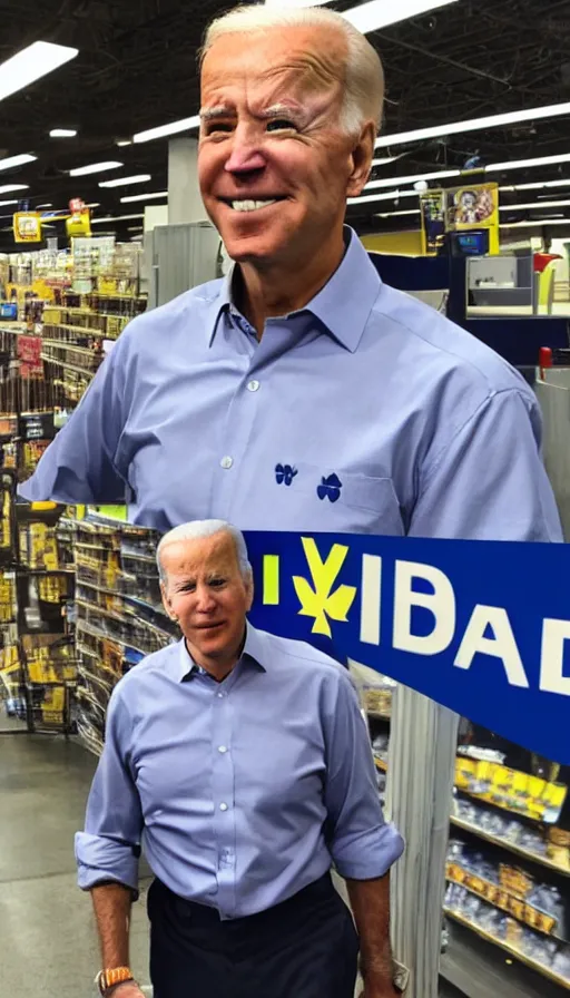 Prompt: joe biden walmart employee, detailed facial expression, cinema still