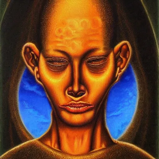 Image similar to by mati klarwein mournful biopunk. a beautiful painting of a person in profile, with their features appearing both in front of & behind their head.