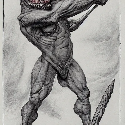 Image similar to dog-faced muscular goblin, ugly face, lizard tail, holding scimitar made of bone, hyper-detailed, primeval fantasy, prehistoric fantasy, drawn by Frank Frazetta