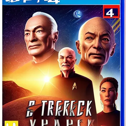 Prompt: video game box art of a ps 4 game called star trek : picard's voyage, 4 k, highly detailed cover art.