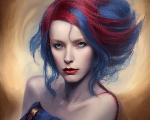 Image similar to A detailed matte oil on canvas head on symmetrical portrait of a distinguished elven woman with red and blue hair on an empty background, by Charlie bowater, Lise Deharme, Wlop, trending on artstationhd, dungeons and dragons art, parted hair , half blue, half red , split dye, critical role