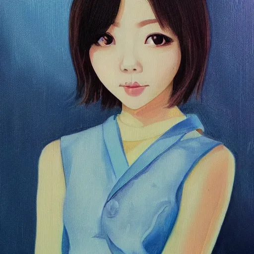 Image similar to a pretty young girl of 2 5, japanese, with big eyes, short shoulder - length hair and a suit ， paintingby sam yang and trnyteal