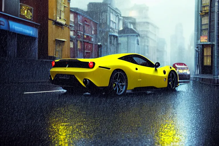 Image similar to a wholesome animation key shot of one focused yellow ferrari, dynamic, on a wet london street, raining, clouwdy atmosphere, wide shot, studio ghibli, pixar and disney animation, sharp, very detailed, high resolution, rendered in unreal engine 5, anime key art by greg rutkowski, overcast lighting, dark