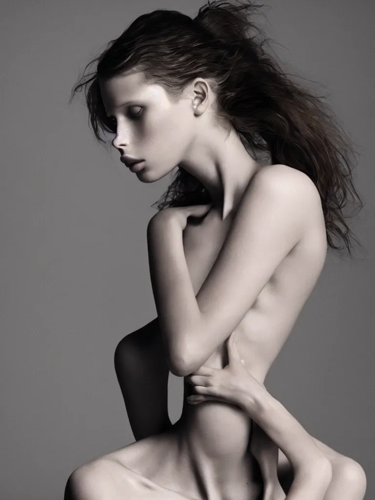 Image similar to medium format fine art portrait mid shot minimal fashion model marine vacth by reza nia, nick knight, amy judd, jil sander romantic heavenly elite style, beautiful perfect koinophilia face, perfect anatomical human form, posed, blush beauty makeup, studio, golden ratio, studio lighting, studio, flat neutral tone, sharp focus, fine detail, stunning matte painting