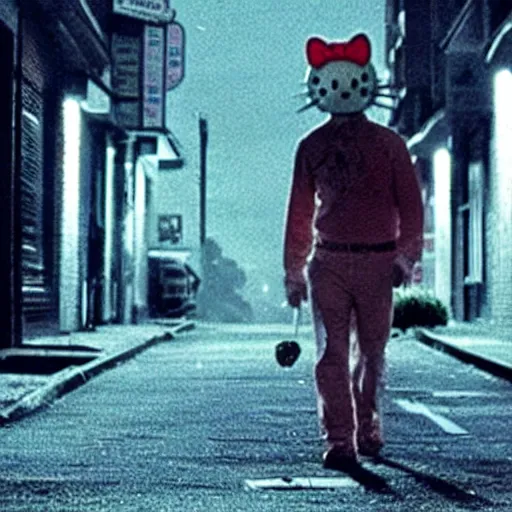 Image similar to film still of a bloodied psycho killer with a hello kitty mask walking on an empty street beneath a lamp, grainy, horror movie, creepy, eerie, dark, great cinematography, amazing lighting, directed by scott derrickson