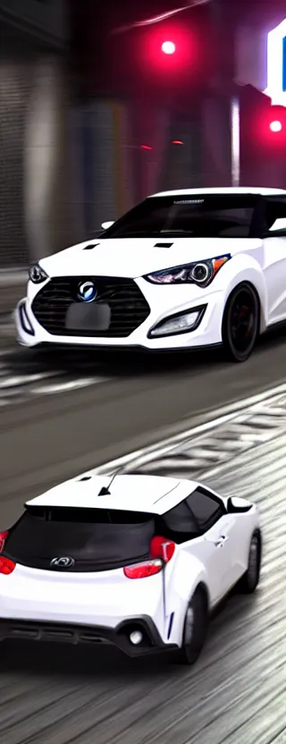 Prompt: white aftermarket hyundai veloster n racing down tokyo highway at night, raytraced reflections, unreal engine, realistic, 4 k