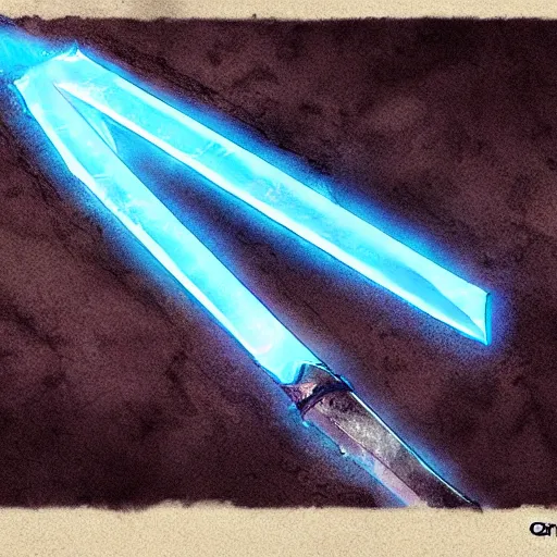 Image similar to fantasy greatsword glowing with blue magical power displayed in a case, art by greg rutkowski