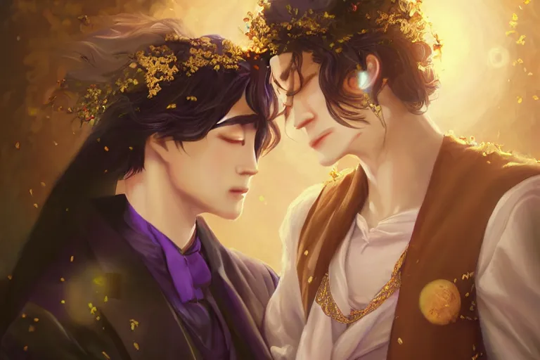 Image similar to a cinematic portrait of wedding photograph jpeg close up moment of a divine a japan sun god and moon goddess lovers magician at a wedding banquet. portraiture. digital painting. artstation. concept art. wedding photo. digital painting. violet evergarden art masterpiece by art by krenz cushart