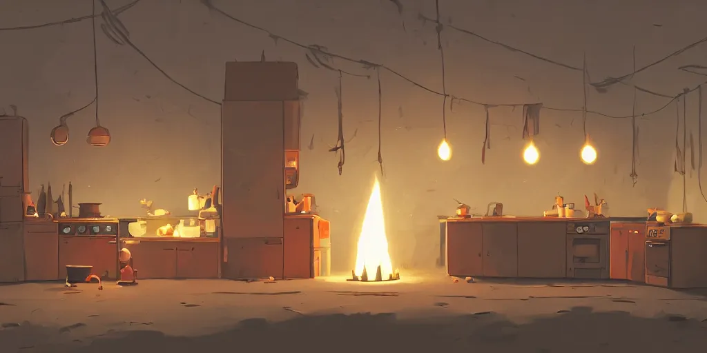 Image similar to epic illustration of a wooden kitchen dim lit by 1 candle doubly so by Goro Fujita and Simon Stalenhag , 8k, trending on artstation, hyper detailed, cinematic