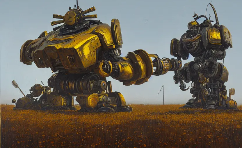 Image similar to an intricate oil painting of a giant armored plated metal mecha by simon stalenhag, rust, yellow and black trim