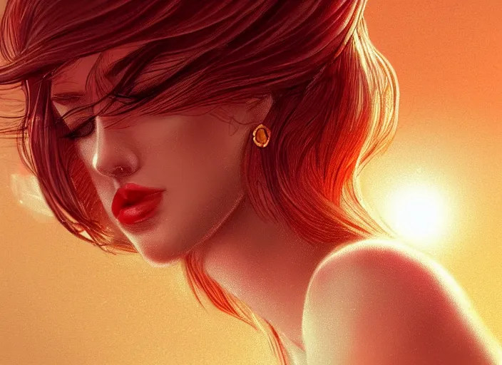 Image similar to woman love woman, sweet hugs, gold trim, atmoshperic, elegant, sharp focus, sand sea, red sun, huge lips, by n i x e u. artstation, intricate details