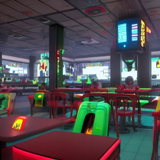 Image similar to cyberpunk mcdonalds in the distant future