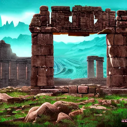 Prompt: ancient ruins in the tundra, retrowave epic art, trending on art station