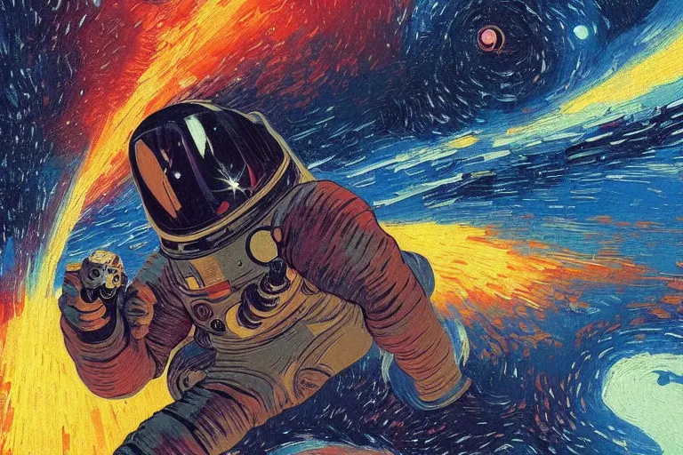 Image similar to digital painting of an astronaut in space, by paul lehr and vincent di fate and van gogh, highly detailed, intricate, science fiction, galaxies, stars, supernova, black hole, galaxy, planet, void, artstation, portrait, cinematic lighting, studio ghibli color pallette, neon lights, trippy, retrofuturism, portrait