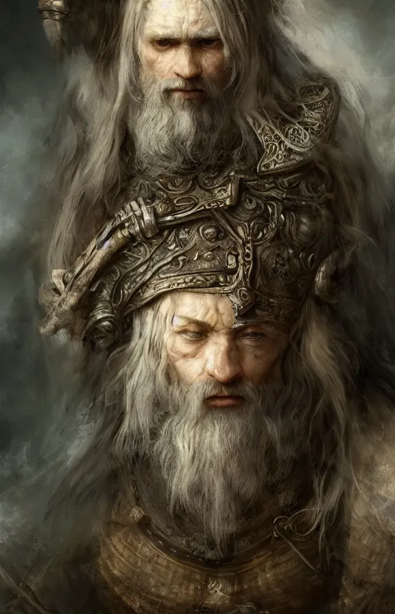 Prompt: an concept art of the ancient hermit, pale hair, one eye, intricate details, detailed face, detailed armour, artstation, epic pose, ambient light, by rembrandt