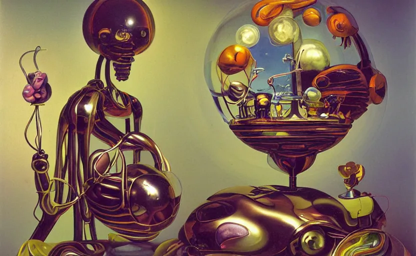 Image similar to strange seductive futuristic robot body, enticing colorful oil painting dutch golden age vanitas still life sparse composition with bulbous objects strange gooey transparent surfaces shiny metal reflections bizarre mutant meat insects rachel ruysch dali todd schorr very detailed perfect composition rule of thirds masterpiece canon 5 0 mm, cinematic lighting, photography, retro, film, kodachrome
