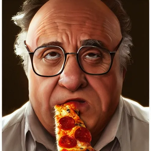 Prompt: portrait of danny devito eating pizza, highly detailed, digital painting, artstation, concept art, sharp focus, illustration, art by artgerm and greg rutkowski and alphonse mucha