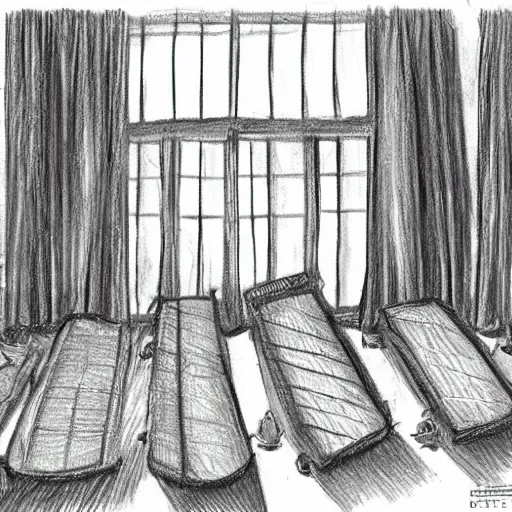 Image similar to hogwarts boy dormitory with rows of beds early in the morning, sun shining behind closed curtains, realistic and detailed pencil drawing