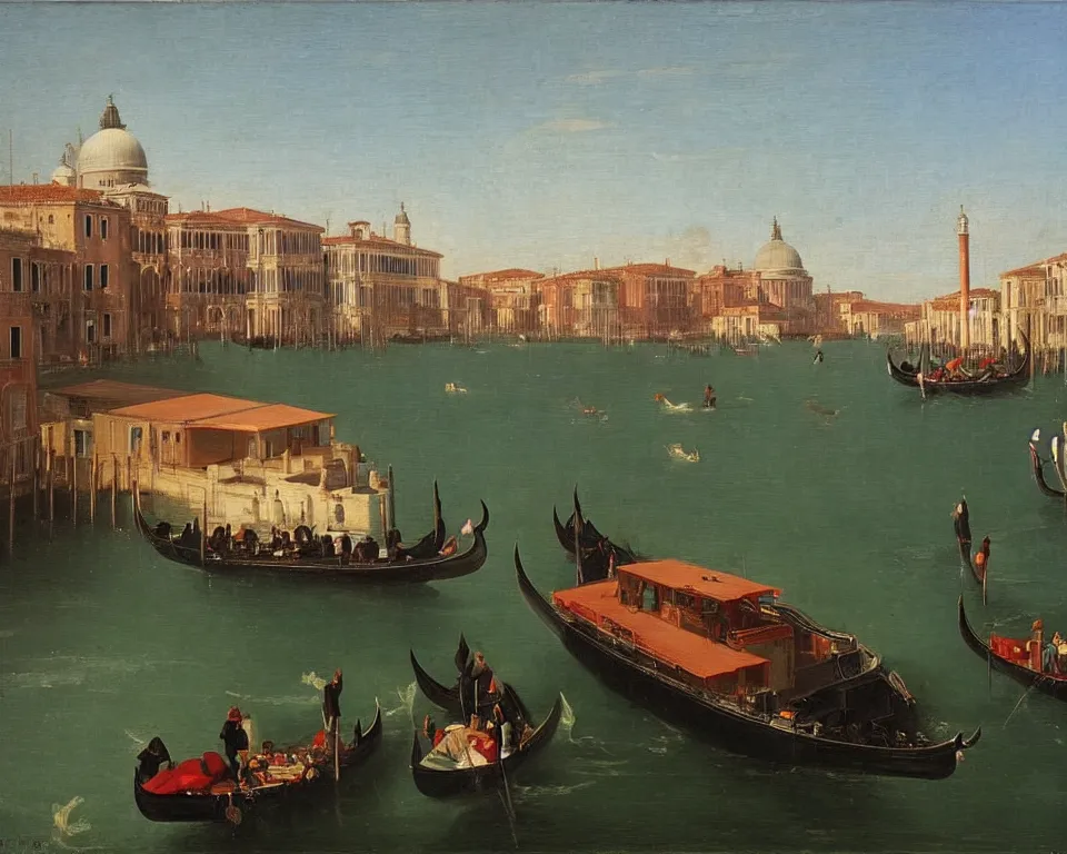 Image similar to an achingly beautiful oil painting of a modern cruise ship docking in venice by Raphael and Hopper.