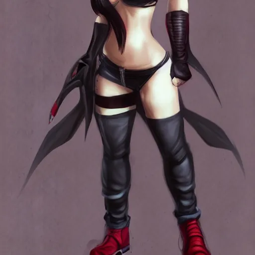 Image similar to full body shot of tifa lockhart with black hair, red eyes, concept art trending on artstation