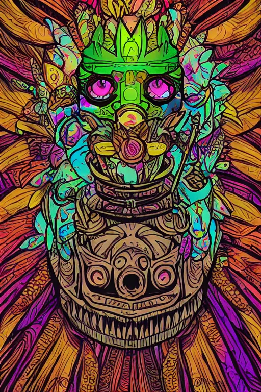 Image similar to animal mask totem roots flower tribal feather gemstone plant wood rock shaman vodoo video game vector cutout illustration vivid multicolor borderlands comics by josan gonzales and dan mumford radiating a glowing aura