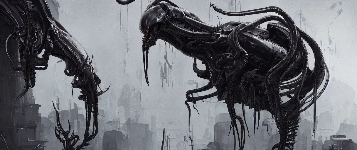 Image similar to duotone noir hyperreal concept illustration of shiny black xenomorph alien machinery by hr giger. cosmic horror atmosphere. cinematic volumentric lighting. by sachin teng and sergey kolesov and ruan jia and heng z. graffiti art, scifi, fantasy, hyper detailed. octane render. trending on artstation