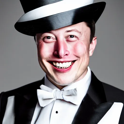 Image similar to 4 k highly detailed portrait 3 / 4 photography by elon musk wearing a tuxedo tuxedo and a top hat top hat smiling happy and satisfied