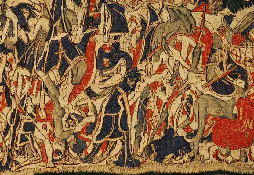 Image similar to a medieval tapestry of a tarnished fighting the elden beast from elden ring