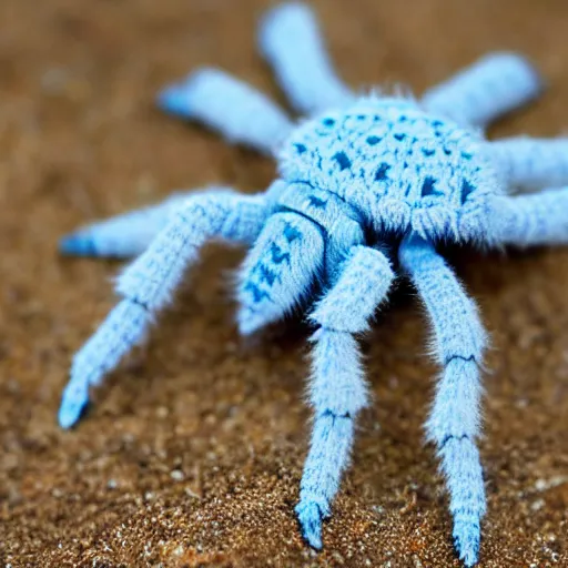 Image similar to cute fluffy light blue color spider crochet doll standing on sand, hyperrealistic photograph, highly detailed, tactile, 8k, close up, macro