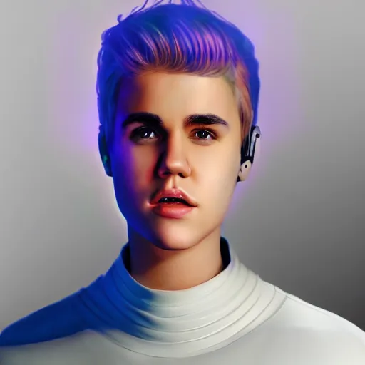 Image similar to A hyper real comic book style portait painting of Justin Bieber as a robot, unreal 5, hyperrealistic, octane render, cosplay, RPG portrait, dynamic lighting