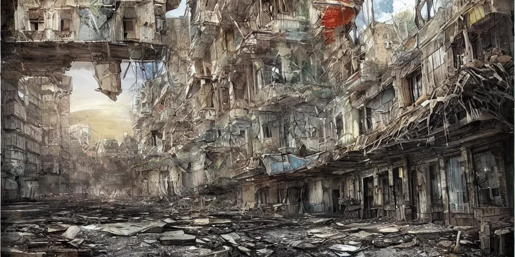 Image similar to dilapidated detailed buildings, beautiful concept art of donetsk during war