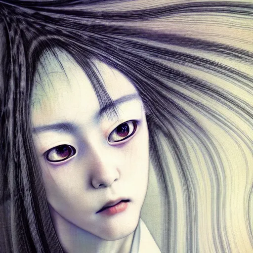 Image similar to yoshitaka amano blurred and dreamy realistic portrait of a woman with black eyes and white hair wearing dress suit with tie, junji ito abstract patterns in the background, satoshi kon anime, noisy film grain effect, highly detailed, renaissance oil painting, weird portrait angle, blurred lost edges, three quarter view