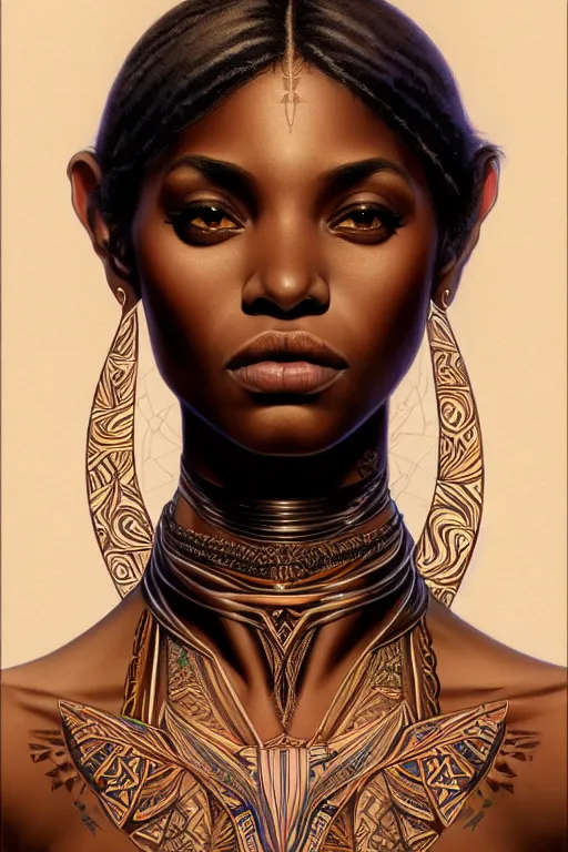 Image similar to symmetrical body portrait of beautiful nubian tribal tattooed young woman, intricate, elegant, highly detailed, digital painting, artstation, concept art, smooth, sharp focus, illustration, art by artgerm and greg rutkowski and alphonse mucha, 8 k