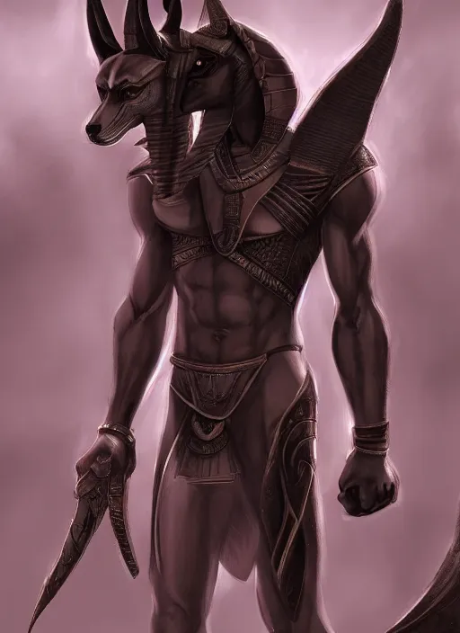 Prompt: detailed beautiful cool male character art depicting anubis, egyptian, concept art, depth of field, on amino, by sakimichan patreon, wlop, weibo, bcy. net, colorhub. me high quality art on artstation.